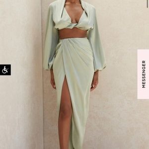 House of CB Olive green 2 piece satin skirt set XS